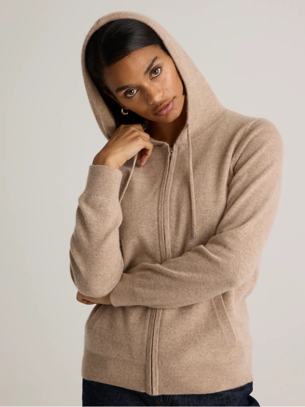 NWT Quince Mongolian Cashmere Zip Front Sweater Hoodie-Oatmeal XL - Picture 2 of 7